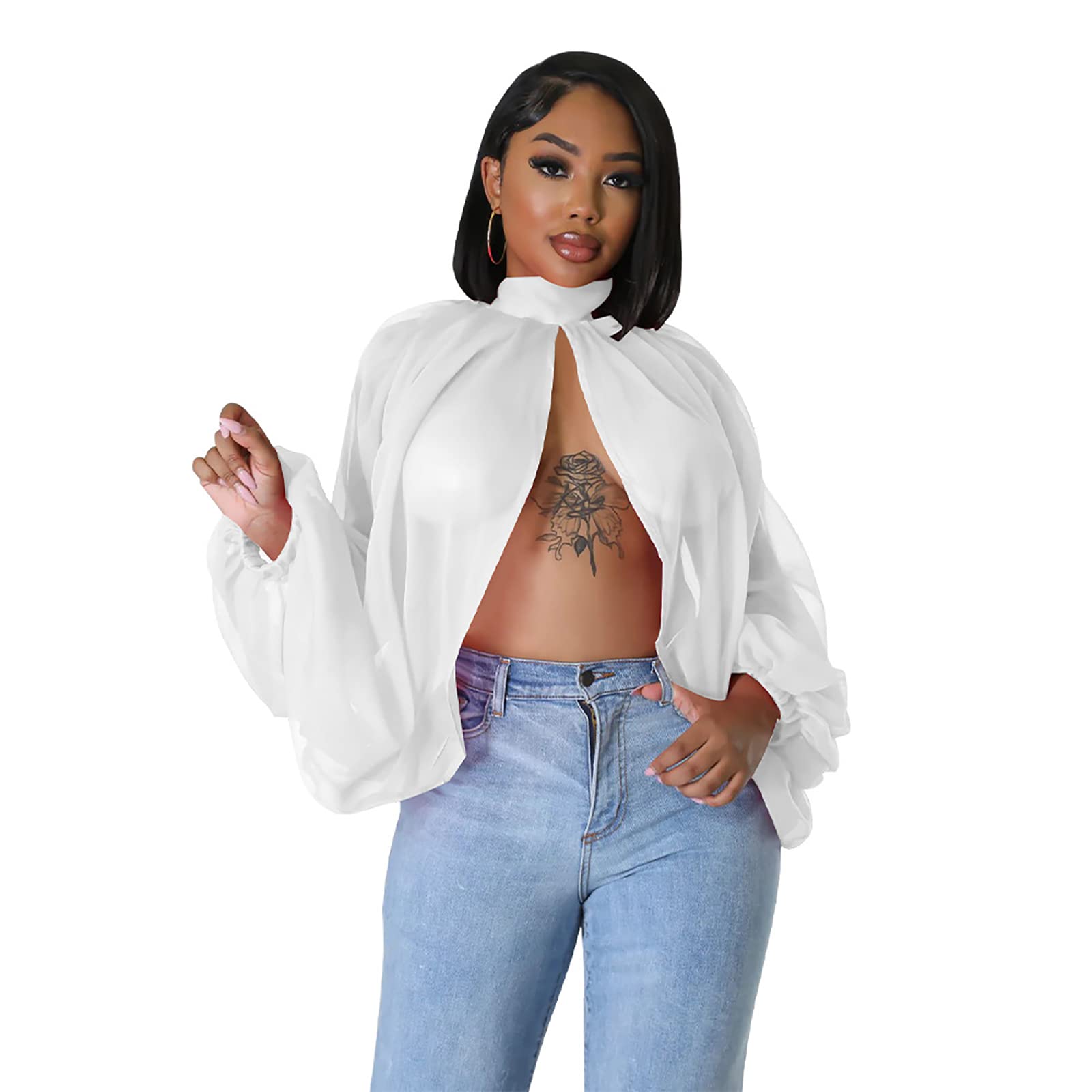 acelyn Women's Sexy See Through Chiffon Sheer Blouses Tops | Lantern Sleeve, Front Back Open, High Neck, Self Tie, Shawl Casual Shirts,Blouses Tops