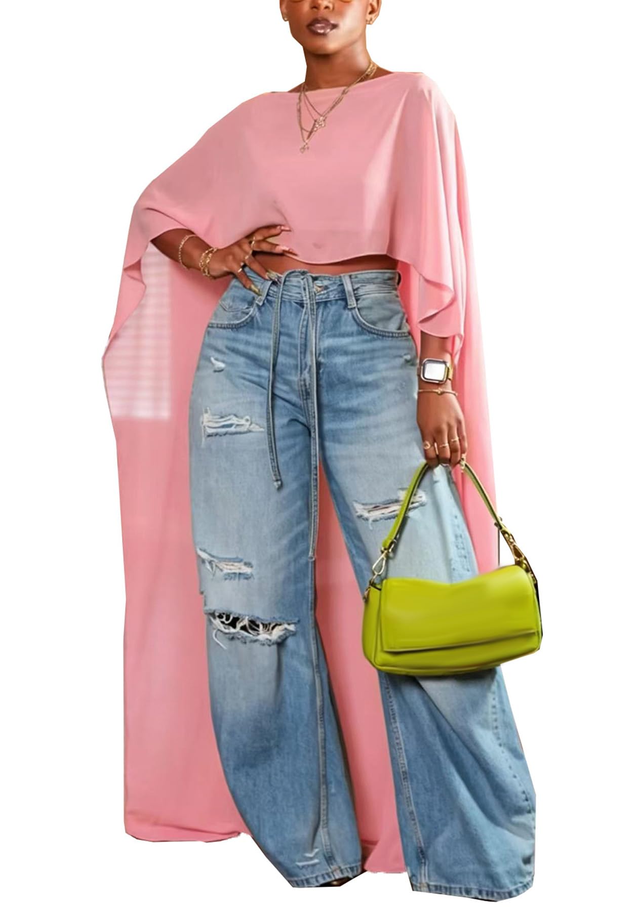 YOOTIKO Women Mesh Crop Cape Top Batwing Sleeve High Low Flowy Poncho Tops | See Through,Beach Coverups, Going Out Wear,Loose Fit