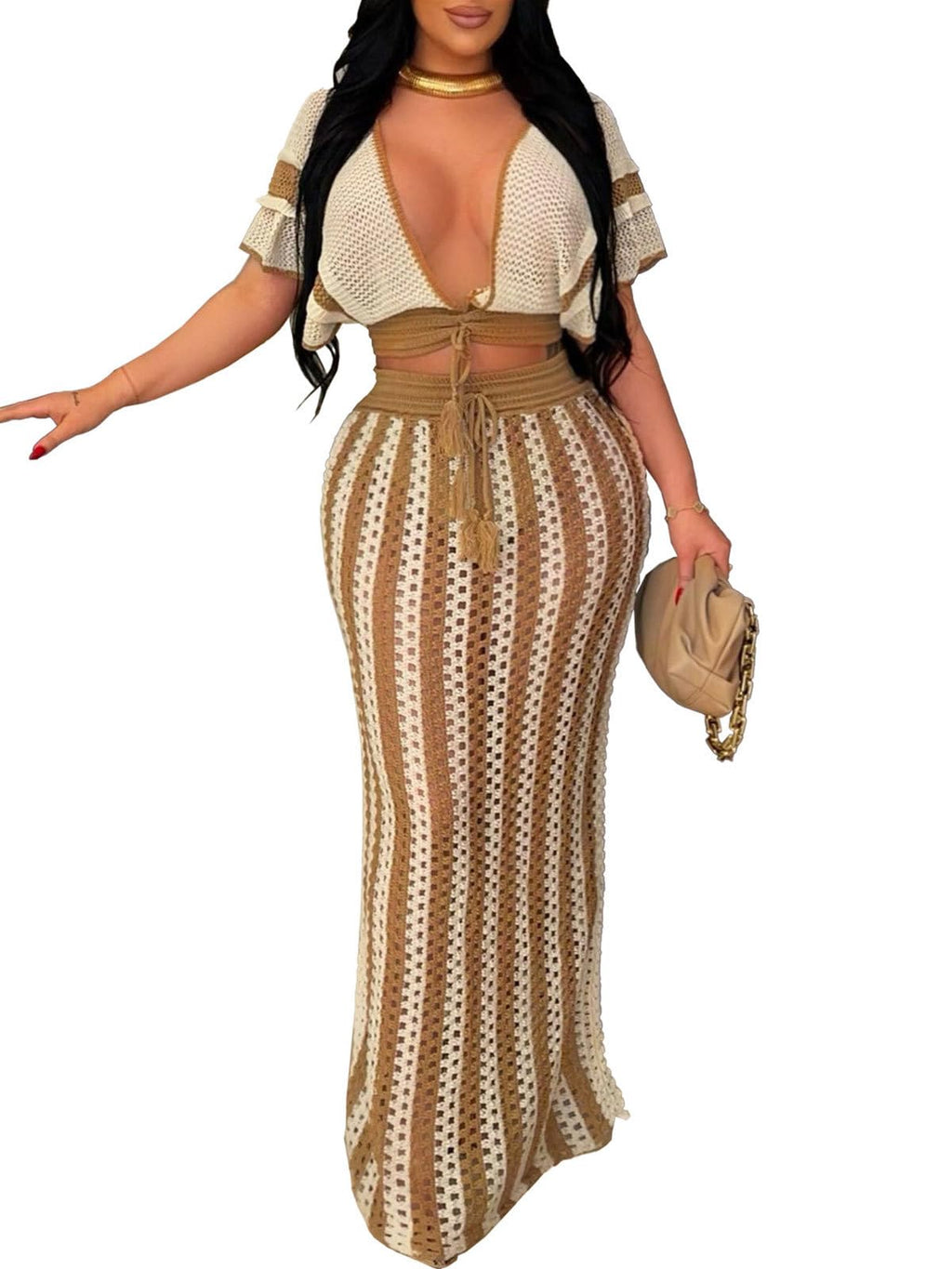 KANSOON Crochet Skirt Set for Women Two Piece Crochet Cover Up | Semi-sheer hollow-out resort layer, tie-front crop top, flattering striped maxi skirt for beach vacation, cruise,poolside