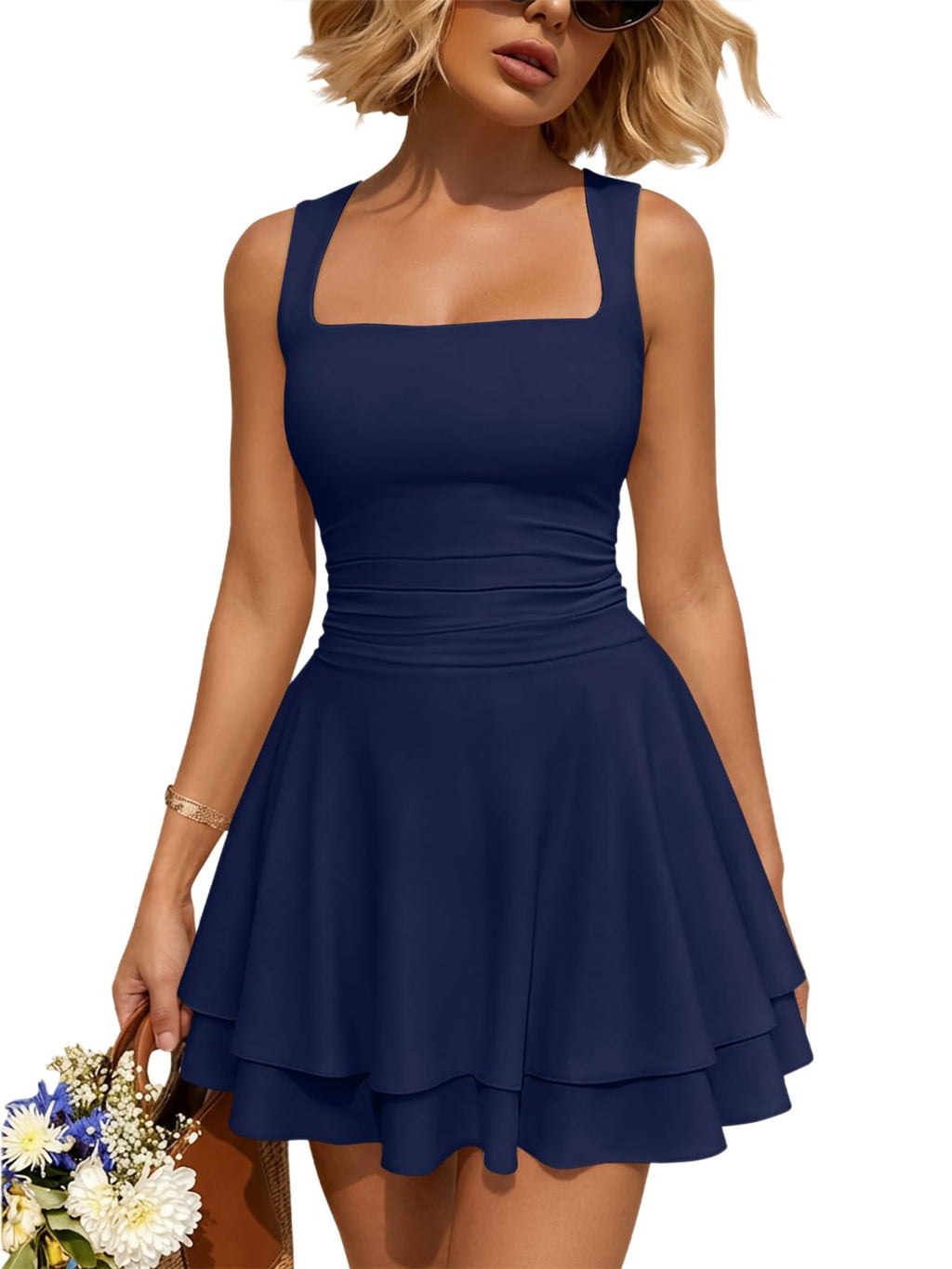 Trendy Queen Women Mini Summer Party Homecoming Beach Vacation Sun Dresses | Birthday Square Neck Flowy Short Sundress, 2026 Cruise Outfits, Athletic Cute Clothes, Date Night Club Resort Wear