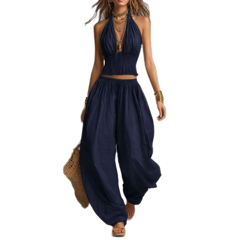 2 Piece Outfit for Women Sleeveless Crop Top and Wide Leg Pants Set Summer Loose Smocked Casual Beach Matching Sets