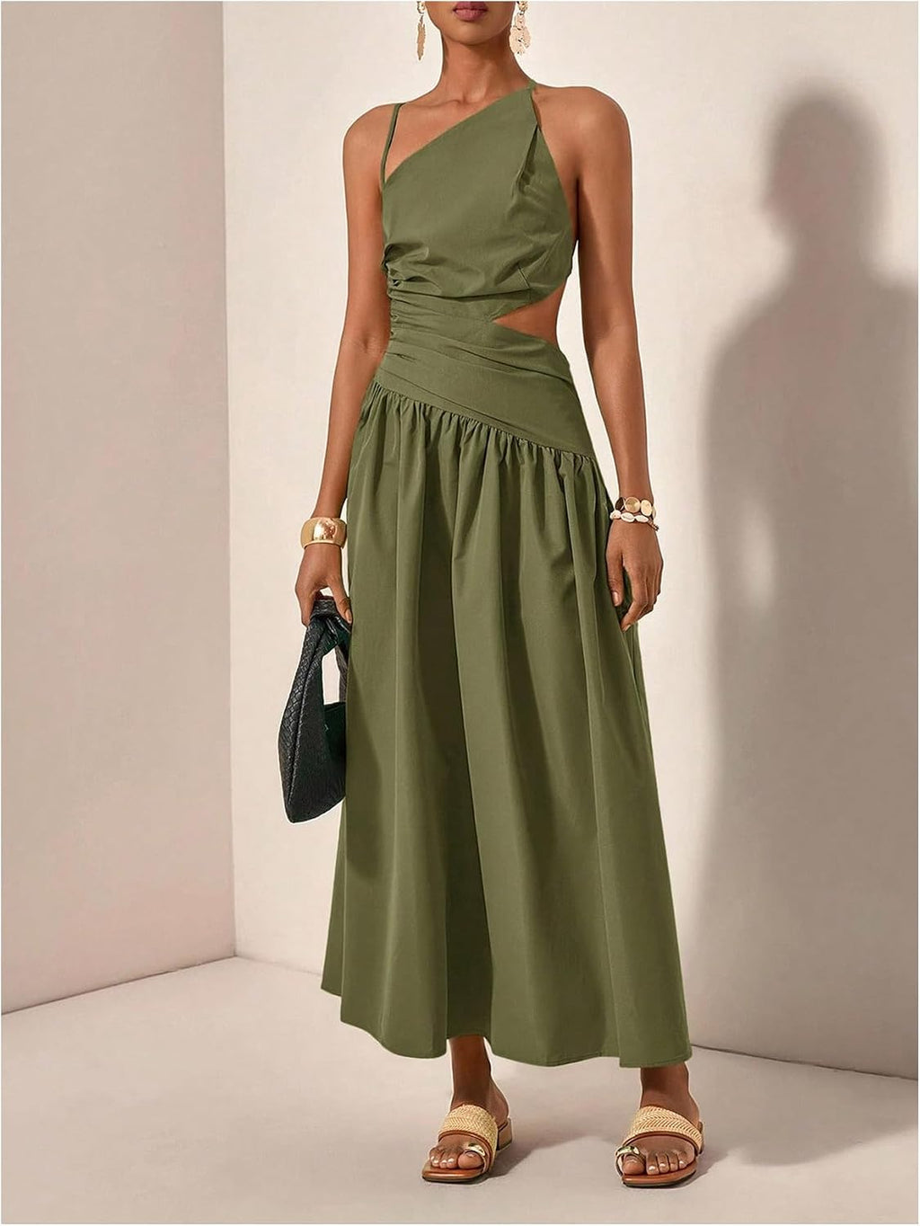Milumia Women's Cut Out Asymmetrical Maxi Dress Open Back Summer Dresses | Spaghetti Strap, Tie Backless, Ruffle, Summer Vacation, Going Out, Sundress
