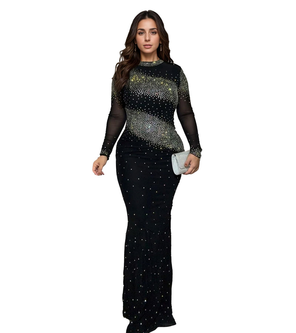 PORRCEY Women's Sexy Elegant Rhinestone Bodycon Dress Hot Drilling Clubwear