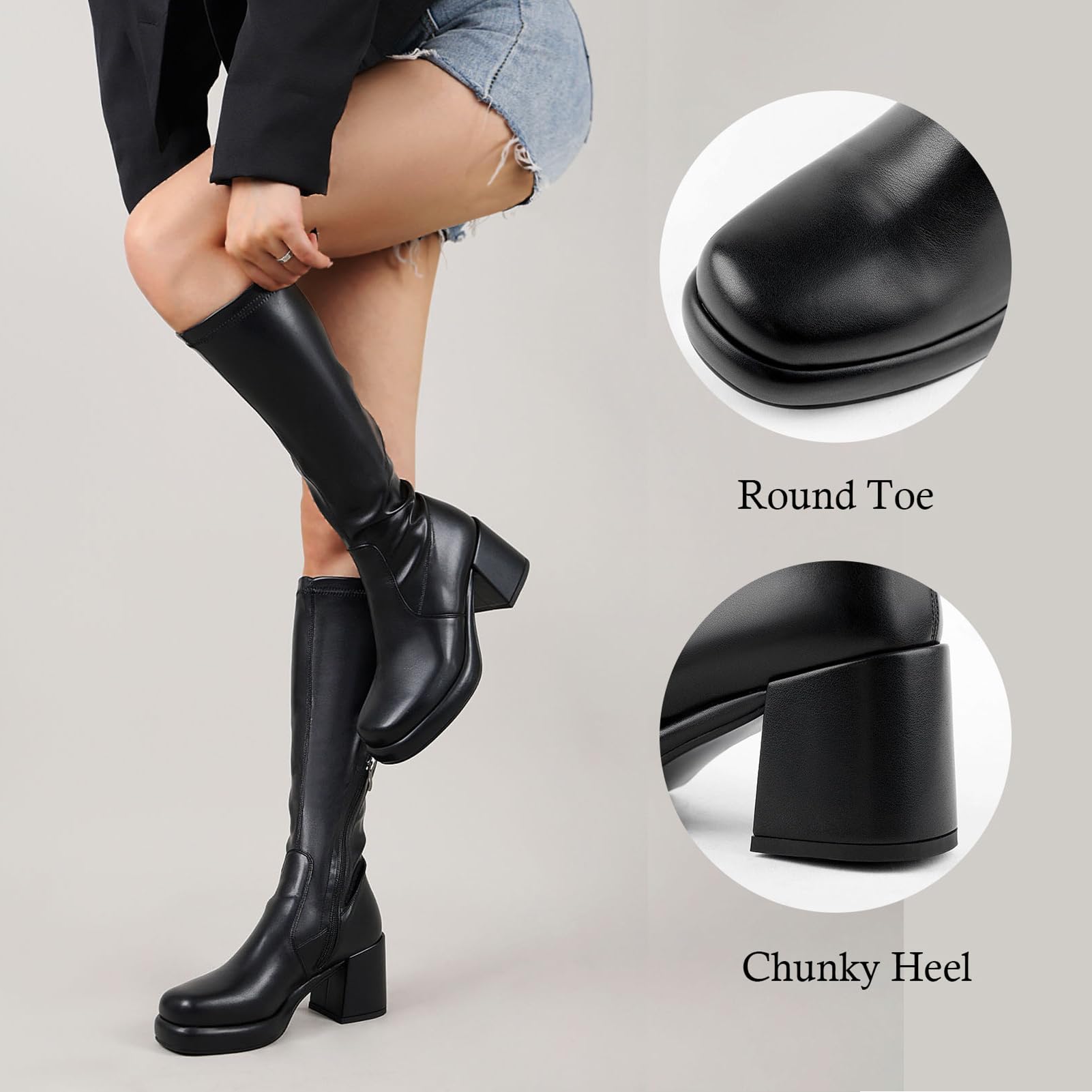 LanreyTaley Elastic Women Knee High Boots Platform Chunky Heel Tall Boots Suede Dress Boots Side Zipper Stretch Boots Fall