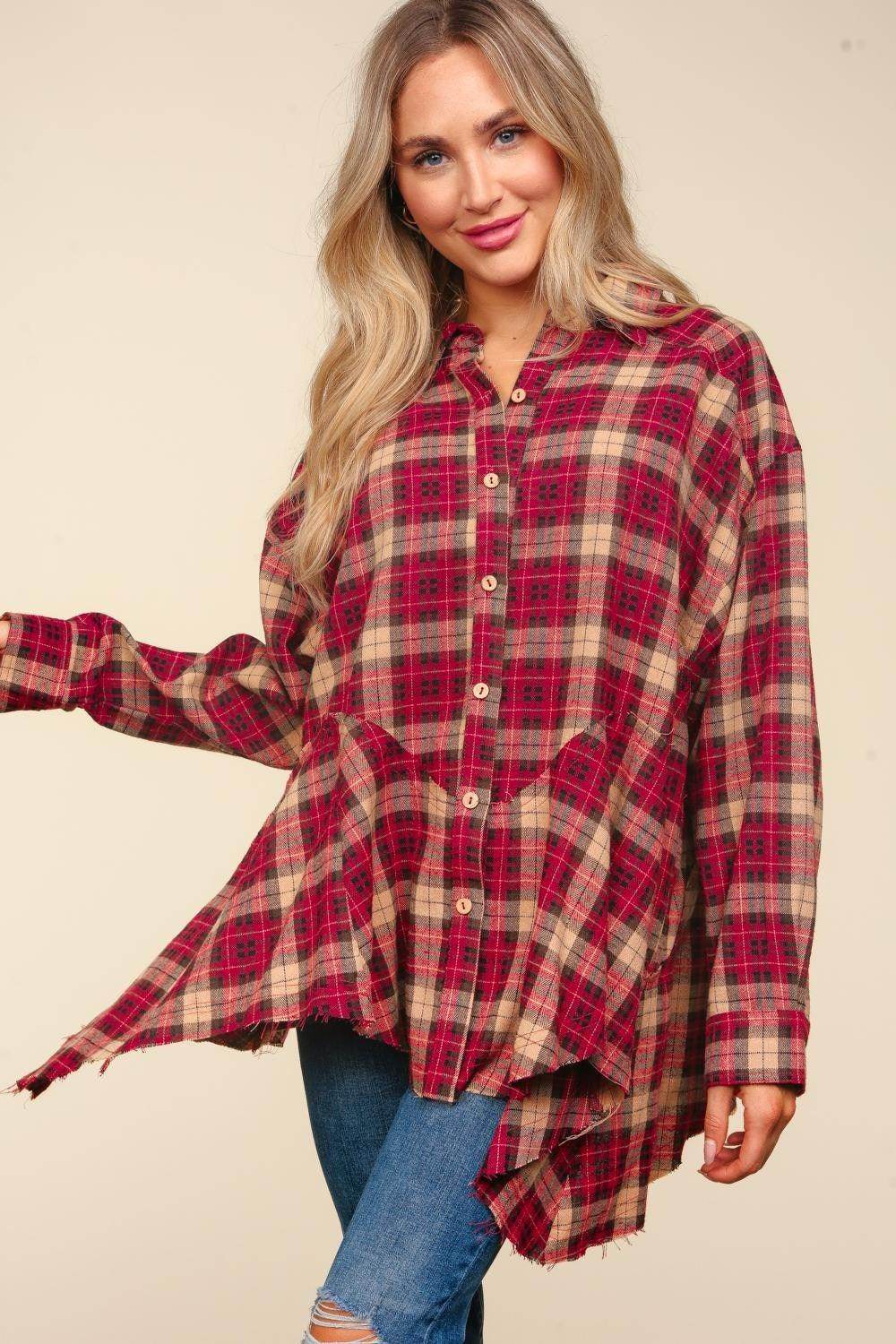 Haptics Plaid Button Down Sharkbite Shirt for Stylish Outfits
