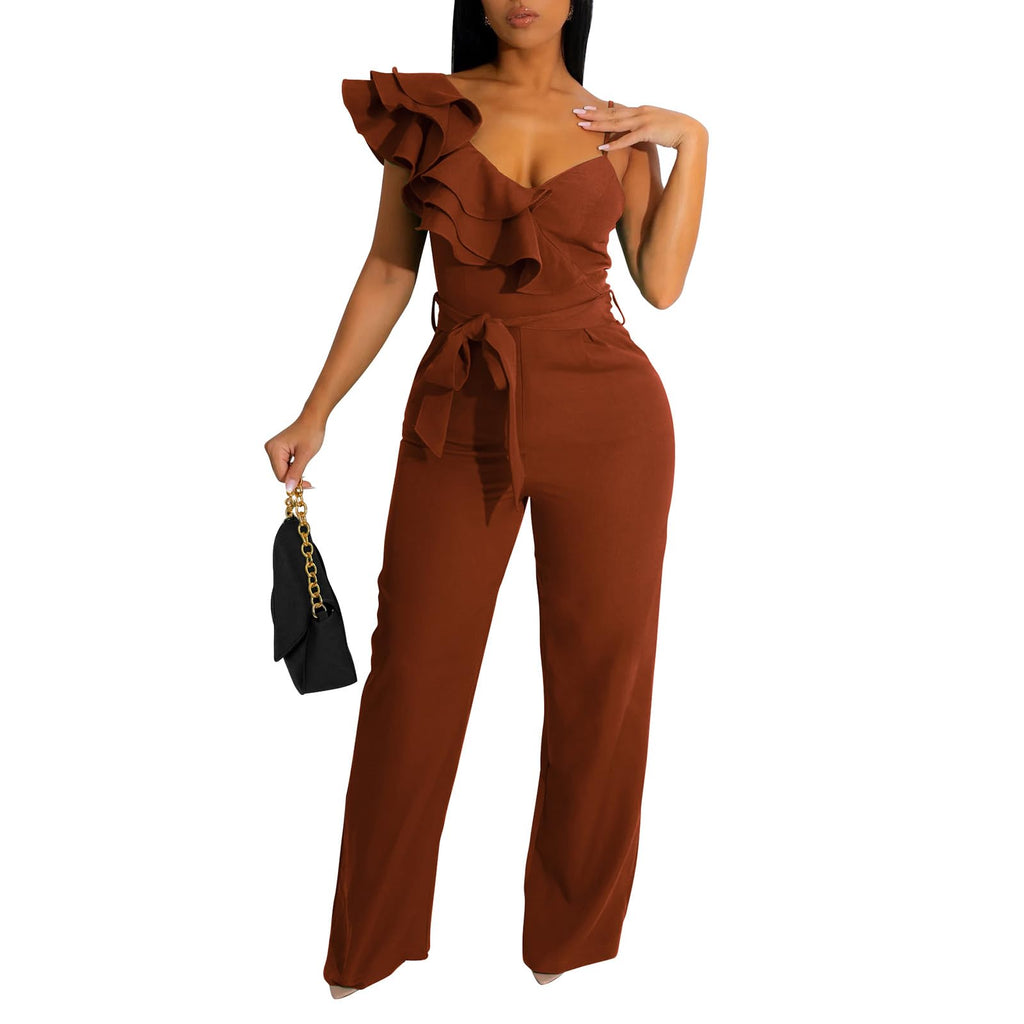 kaimimei Womens Casual Jumpsuits Ruffle One Shoulder Wide Leg Belted Romper | Designed with Pockets,Adjustable Strap,Sexy V-Neck Sleeveless,Backless,for Parties, Clubs,Wedding,Event,Outing