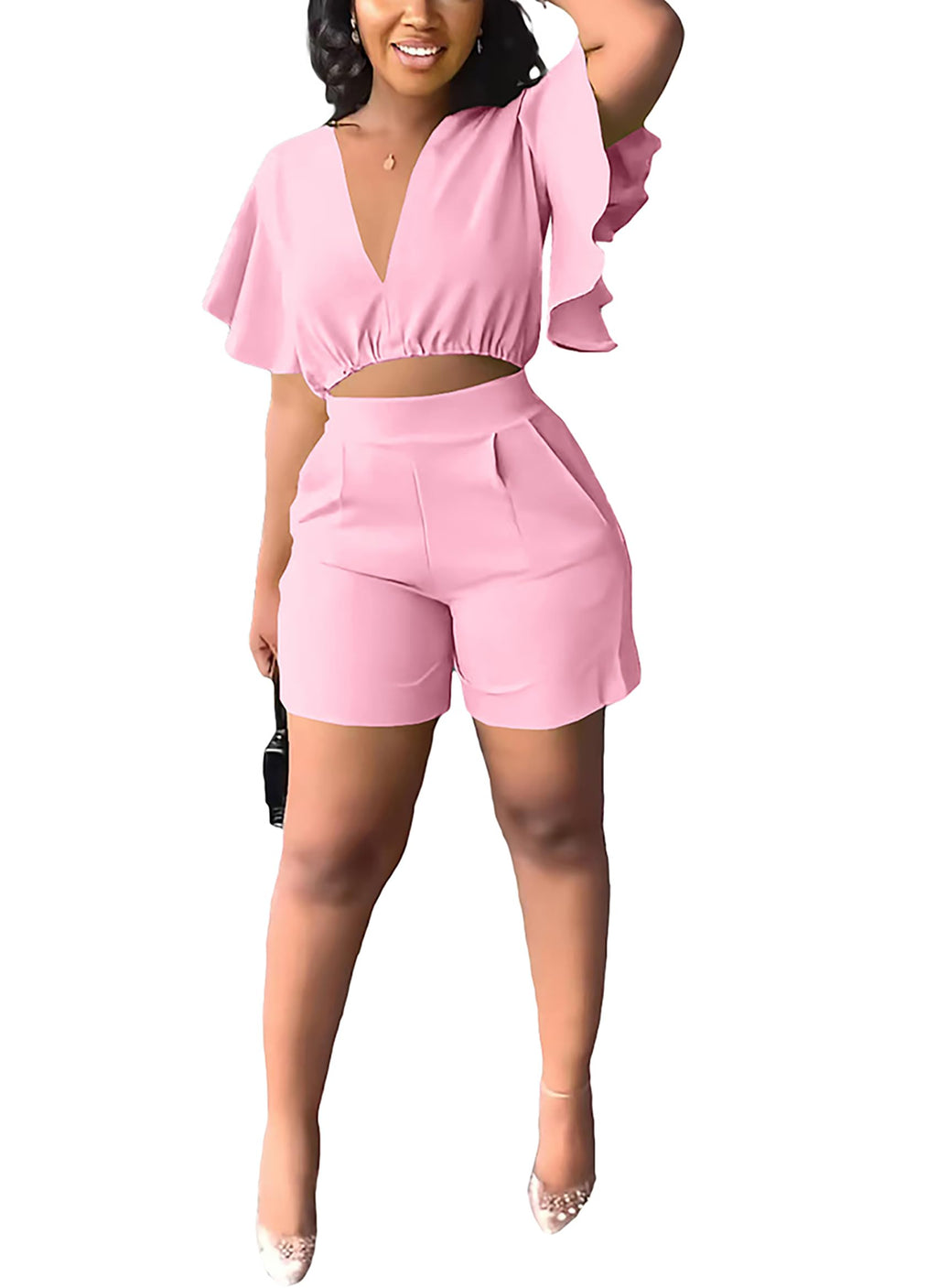 Womens Summer Two Piece Shorts Outfit Sexy Crop Top Butterfly Sleeve 2 pc Short Set Vacation Brunch Matching Set