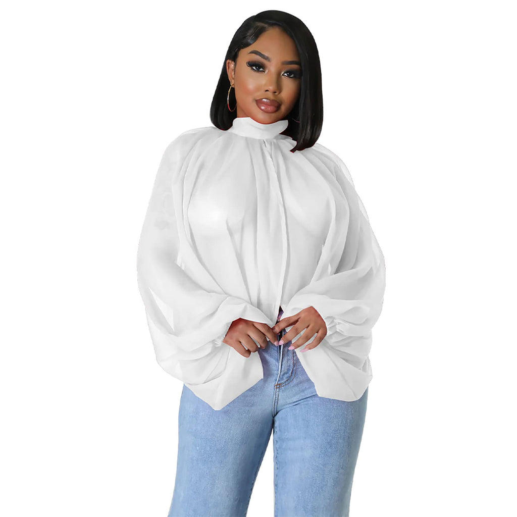 acelyn Women's Sexy See Through Chiffon Sheer Blouses Tops | Lantern Sleeve, Front Back Open, High Neck, Self Tie, Shawl Casual Shirts,Blouses Tops