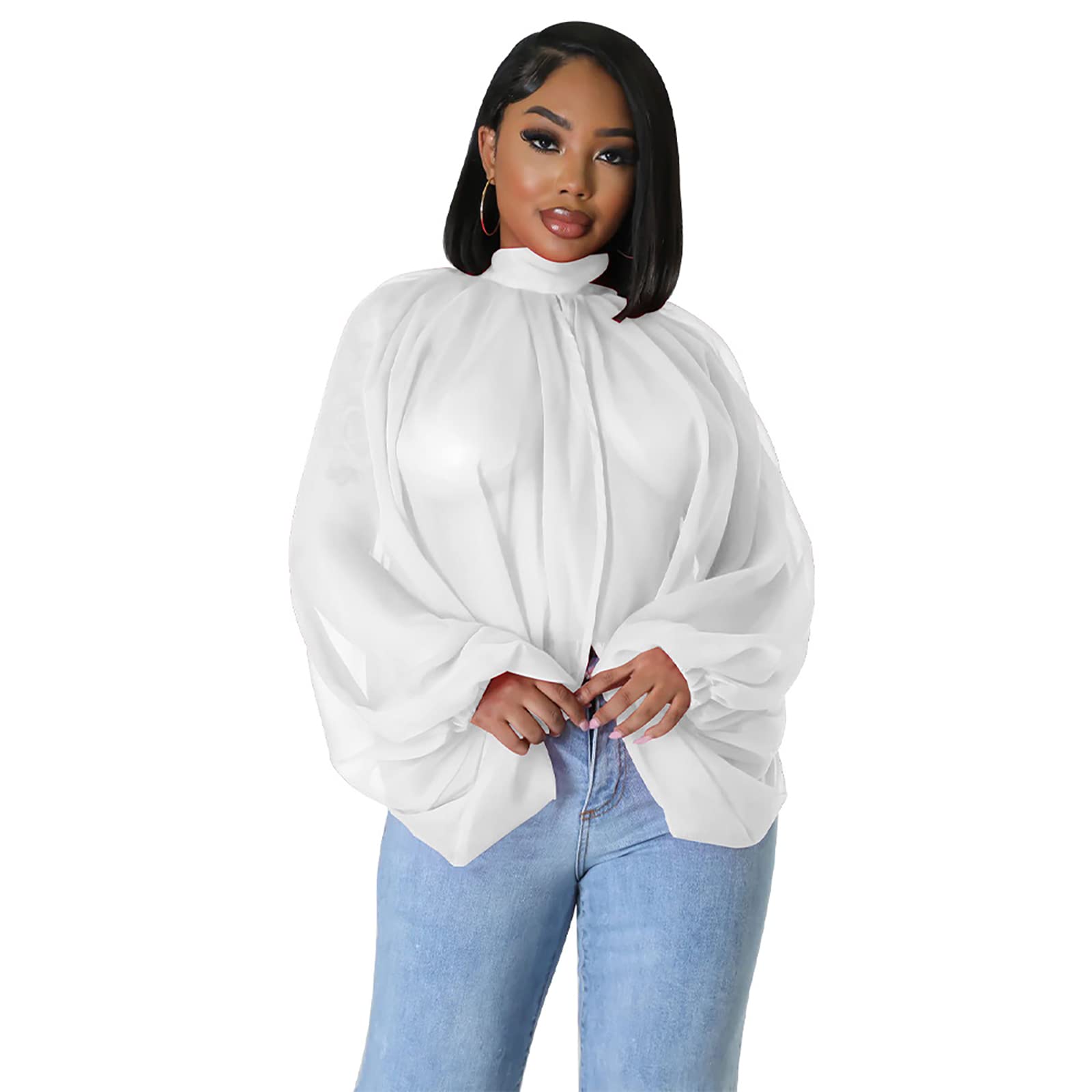 acelyn Women's Sexy See Through Chiffon Sheer Blouses Tops | Lantern Sleeve, Front Back Open, High Neck, Self Tie, Shawl Casual Shirts,Blouses Tops