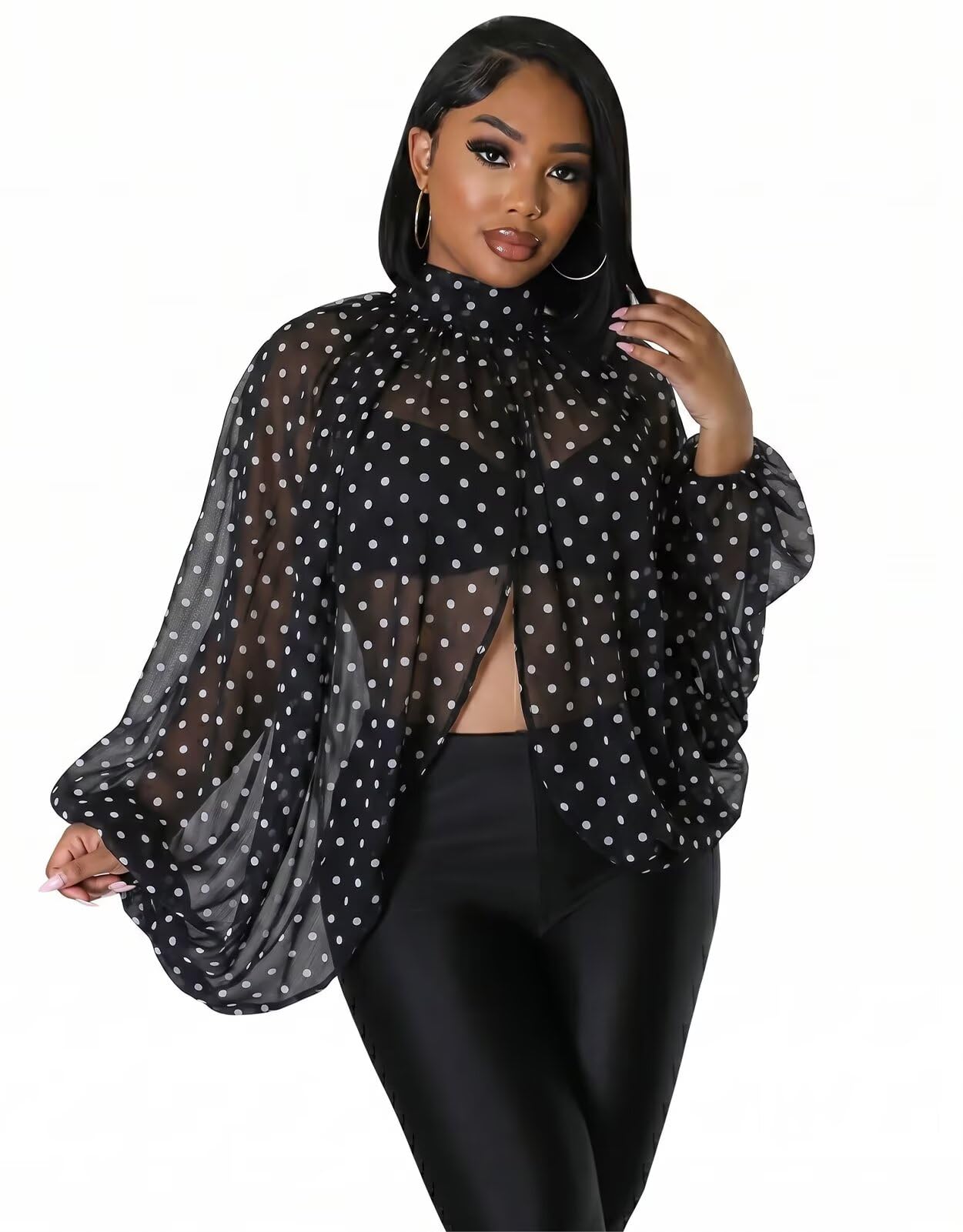 acelyn Women's Sexy See Through Chiffon Sheer Blouses Tops | Lantern Sleeve, Front Back Open, High Neck, Self Tie, Shawl Casual Shirts,Blouses Tops