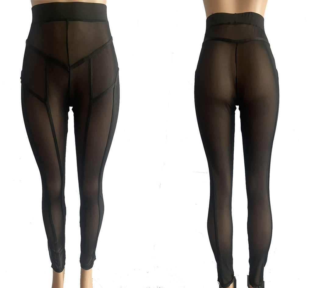 Women's Sexy See Through Sheer Mesh Pants Leggings High Waist Casual Sweatpants Tights