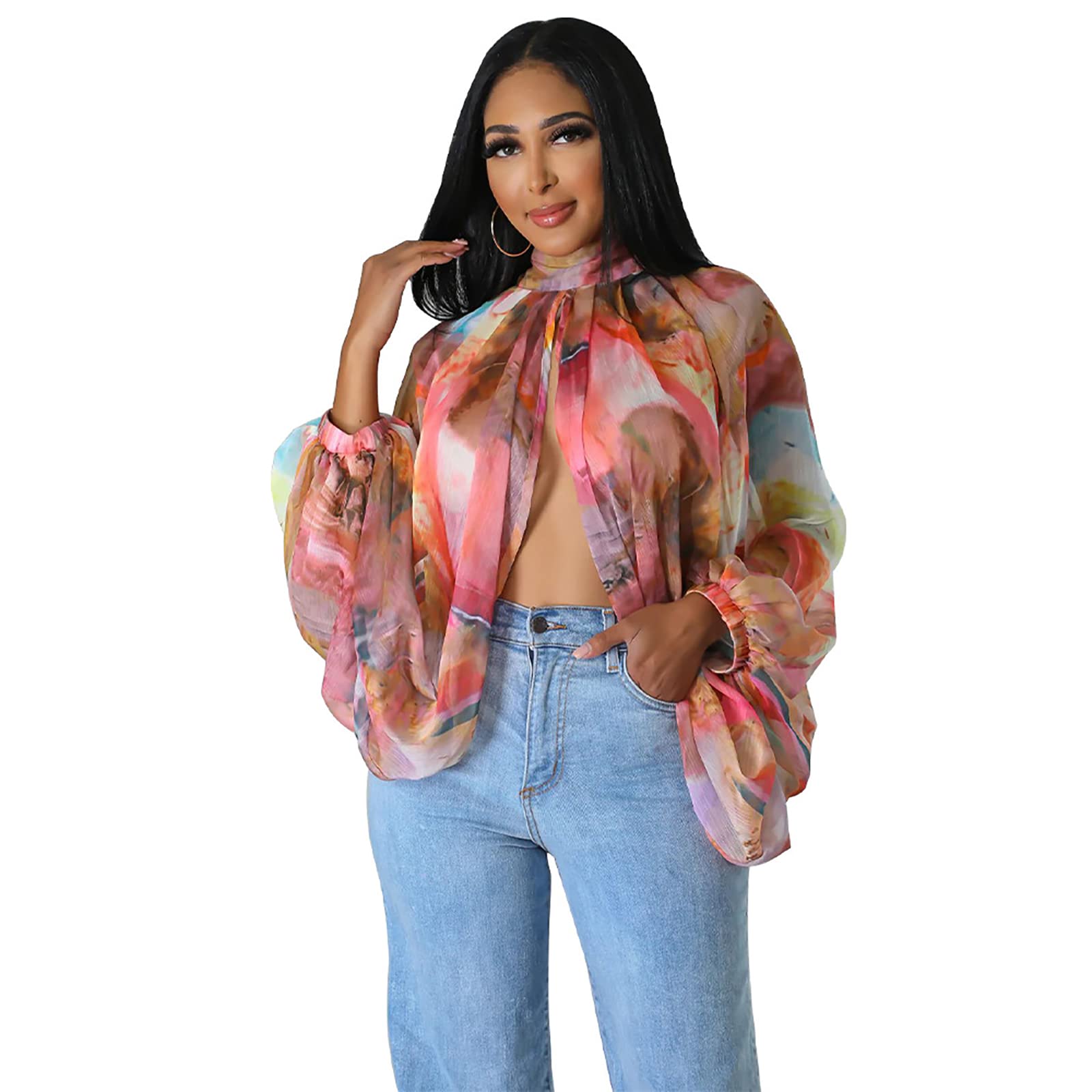 acelyn Women's Sexy See Through Chiffon Sheer Blouses Tops | Lantern Sleeve, Front Back Open, High Neck, Self Tie, Shawl Casual Shirts,Blouses Tops