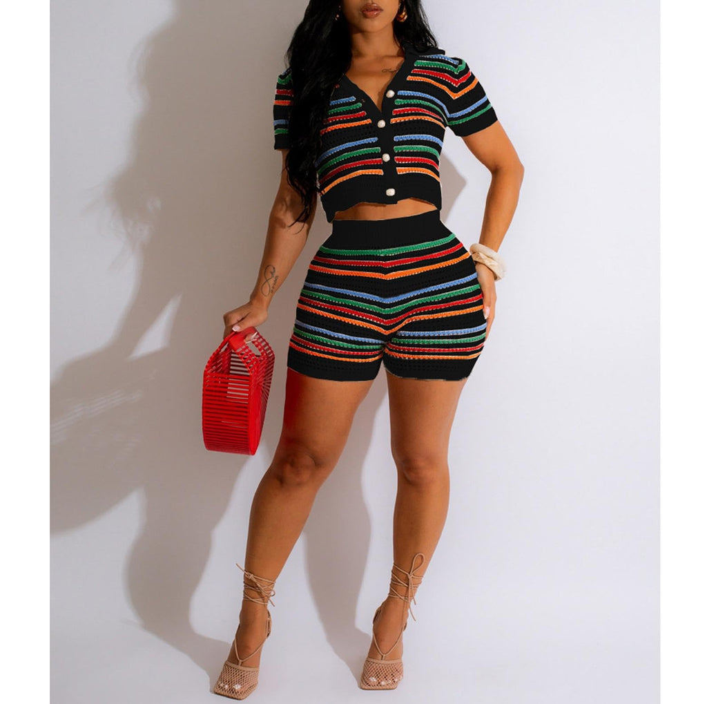Women 2 Piece Sets Summer Outfits Crochet Button Down Shirts Hollow Out See Through Color Block Tracksuit Shorts Sets