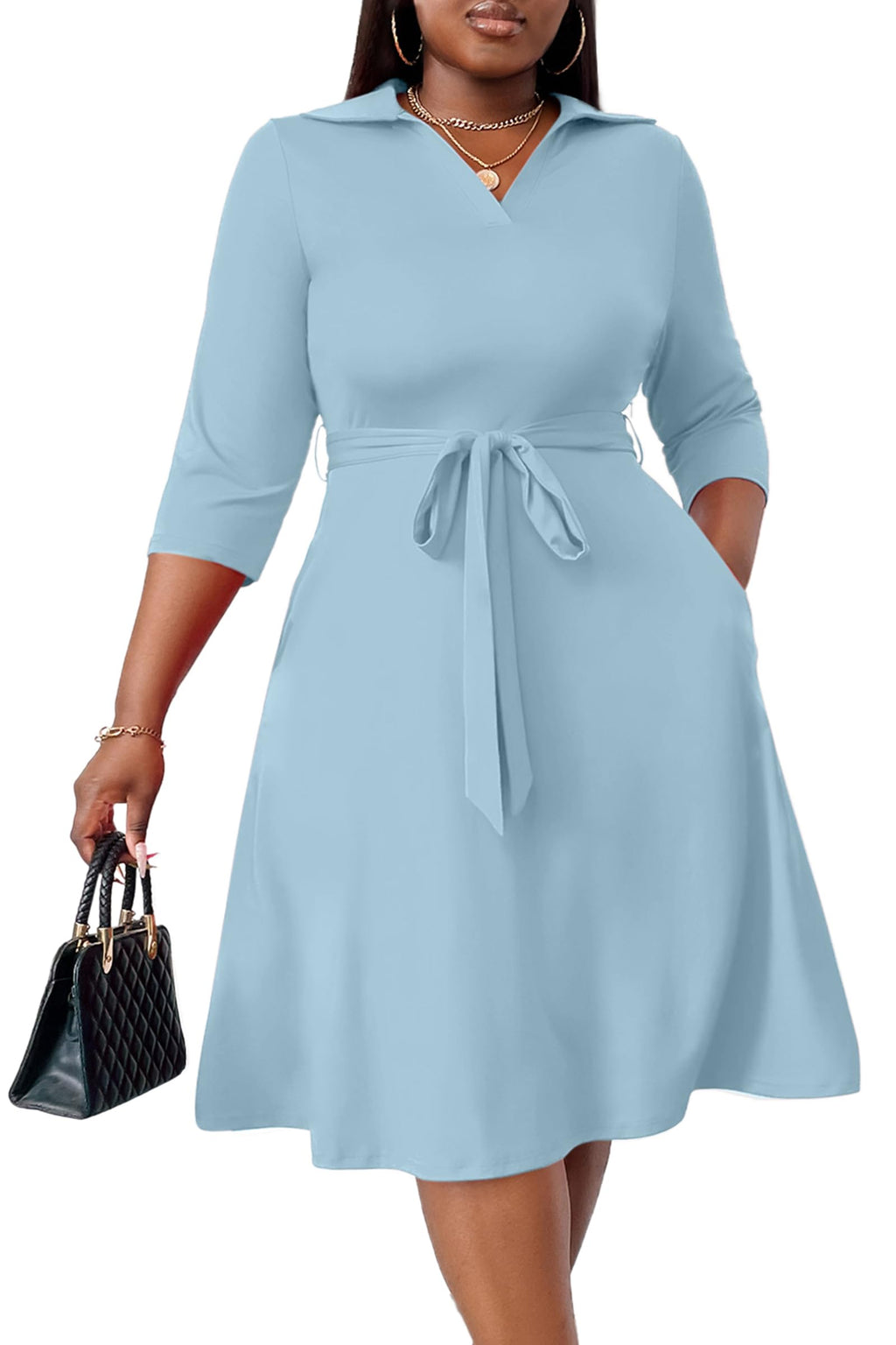 FANDEE Plus Size Midi Dress for Women Casual - Fit and Flare Summer Dresses | Semi Formal,African Print,Polo Collar Cocktail Dress,With Pockets And Belt