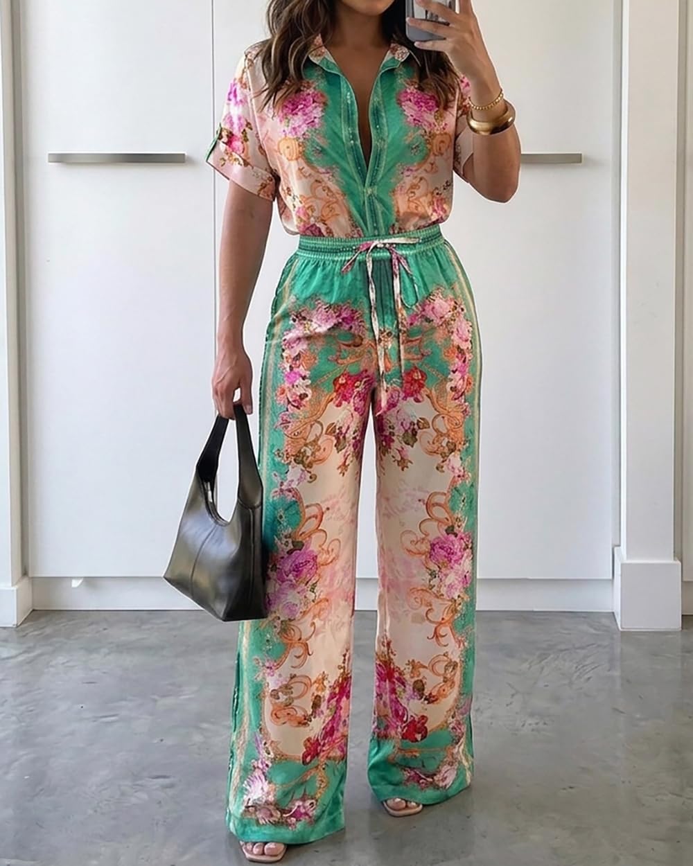 CHICME Womens Jumpsuit Boho Floral Wide Leg Vacation Outfit | Long Pant Rompers with Pockets,Roll Up Short Sleeve,Button Front,Drawstring High Waist,One Piece,Casual,Summer Beach