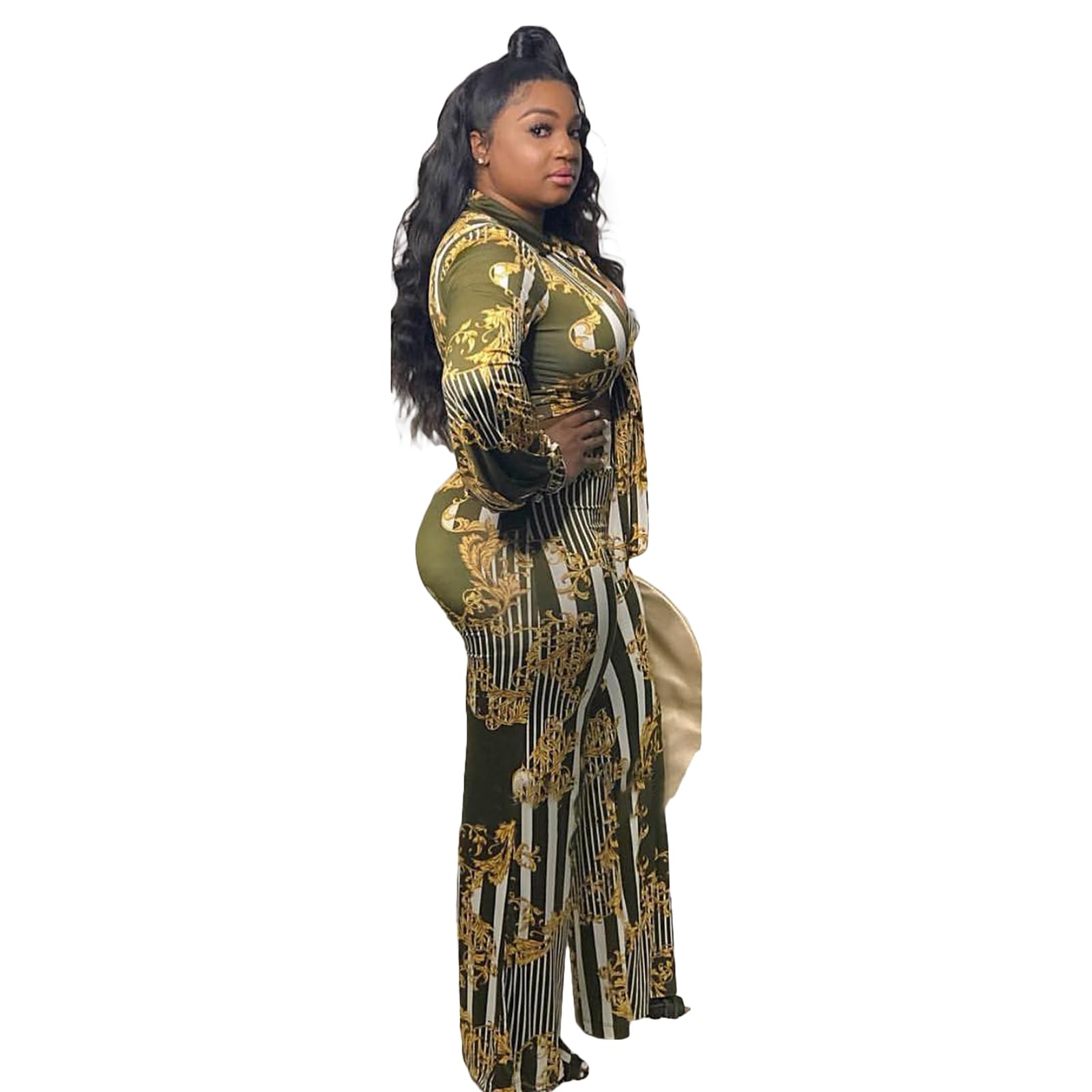 2 Piece Outfits for Women Sexy V Neck Print Shirts Tie Knot Batwing Blouses Crop Top Wide Leg Pants Set