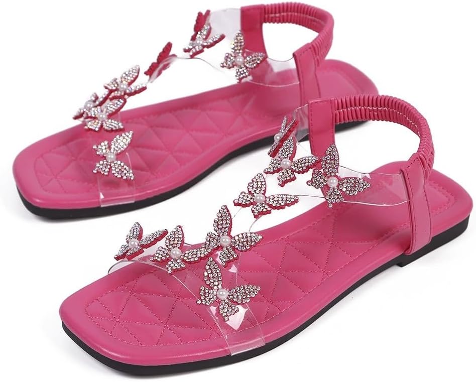 Women's Butterfly Rhinestone Flat Sandals Glitter Sparkly Bling Strappy Open Toe Elegant Transparent Elastic Strap Gladiator Sandals for Dressy Summer Wedding Bridal Prom Travel Daily Wear