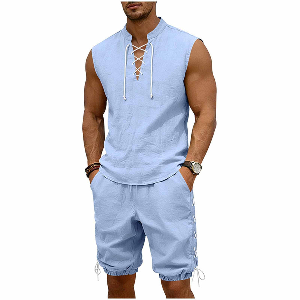 Cambkatl 2 Piece Outfits for Men Lightweight Linen Shorts Set Laceup V Neck Sleeveless Tank Top Matching Sets with Pockets