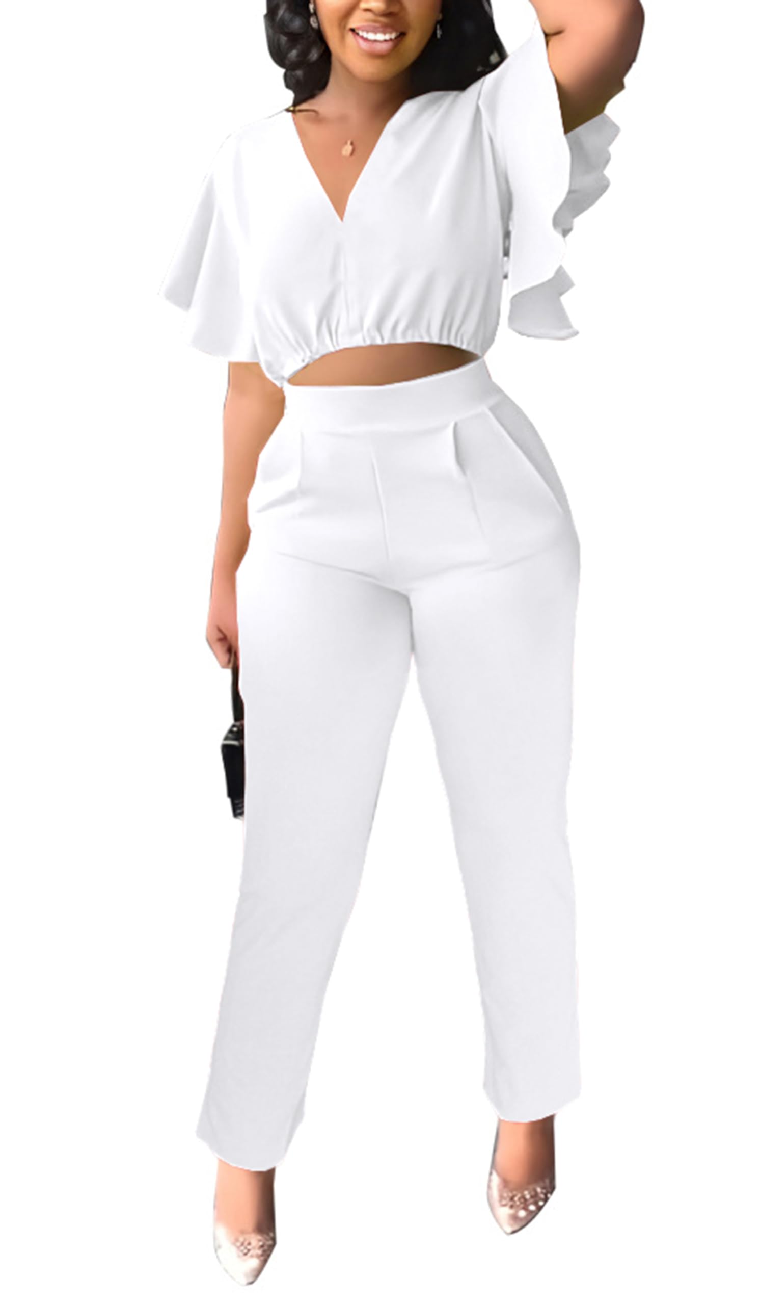 Womens Summer Two Piece Shorts Outfit Sexy Crop Top Butterfly Sleeve 2 pc Short Set Vacation Brunch Matching Set