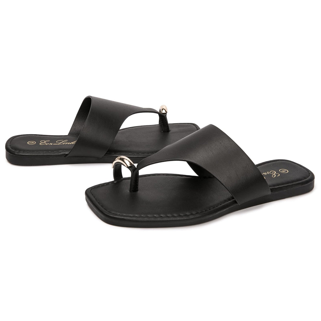 Eozlink Women's Toe Ring Flat Sandals, Slip On Dressy Summer Slides | PU Upper with Square Toe and Metal Accent for Resort and Casual Outfits