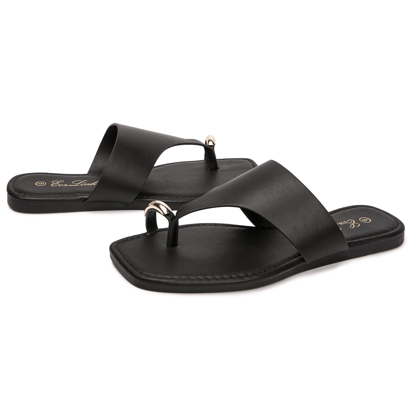 Eozlink Women's Toe Ring Flat Sandals, Slip On Dressy Summer Slides | PU Upper with Square Toe and Metal Accent for Resort and Casual Outfits