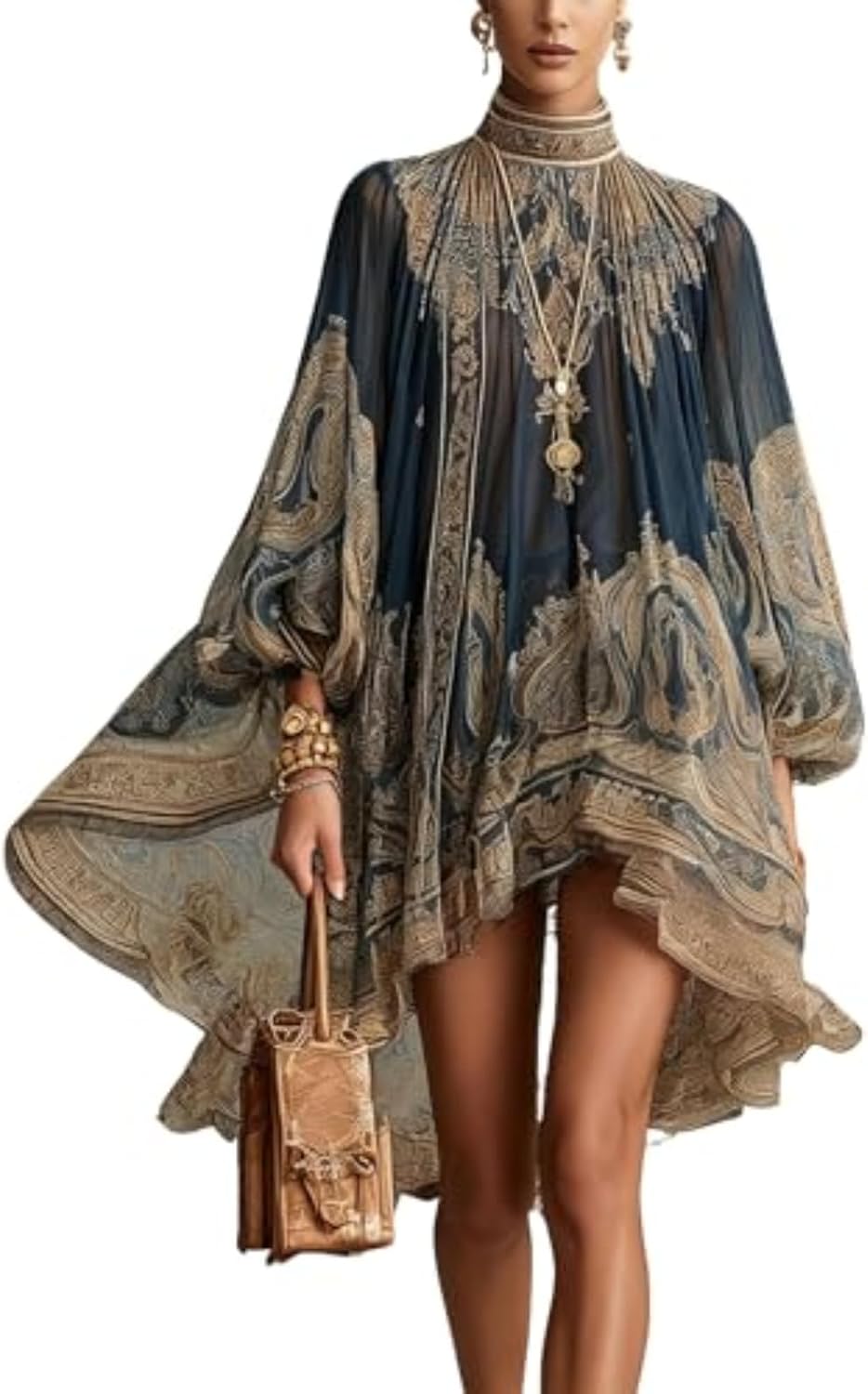 Women's Vintage Boho Chiffon Dress Navy Blue Baroque Print High Neck Irregular Lantern Sleeve Dress Casual Party Vacation