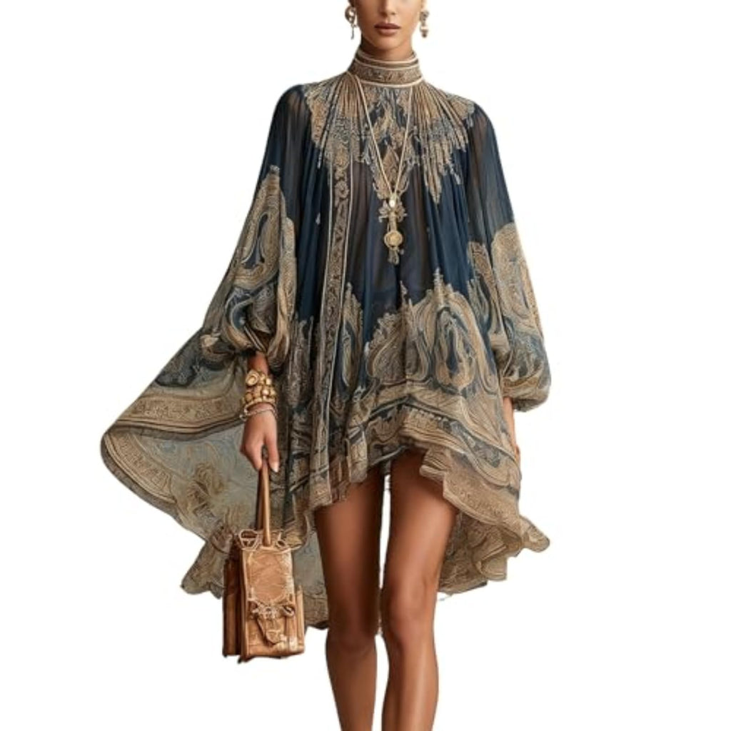 Women's Vintage Boho Chiffon Dress Navy Blue Baroque Print High Neck Irregular Lantern Sleeve Dress Casual Party Vacation