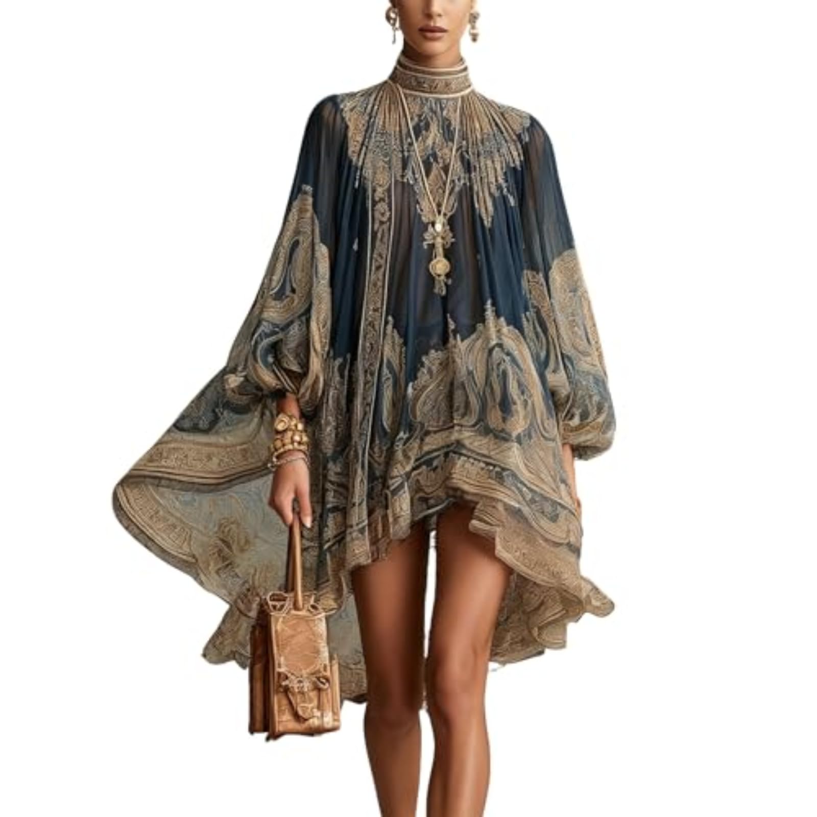 Women's Vintage Boho Chiffon Dress Navy Blue Baroque Print High Neck Irregular Lantern Sleeve Dress Casual Party Vacation