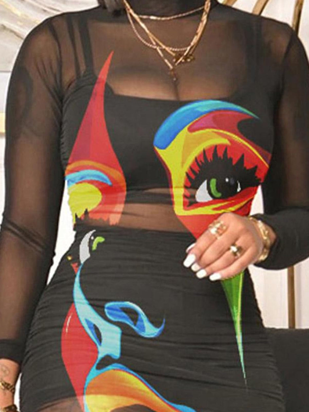 Women Sexy See Through Sheer Mesh Bodycon Midi Dress Long Sleeve Skirt 3 Piece Outfits Set Floral Print Cover Up