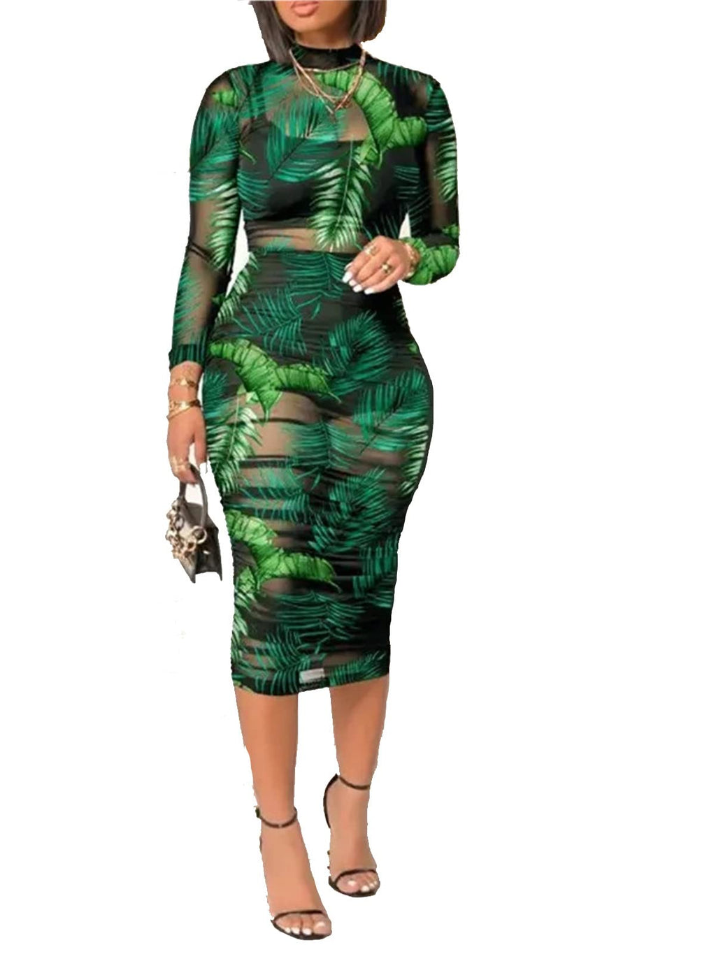 Women Sexy See Through Sheer Mesh Bodycon Midi Dress Long Sleeve Skirt 3 Piece Outfits Set Floral Print Cover Up