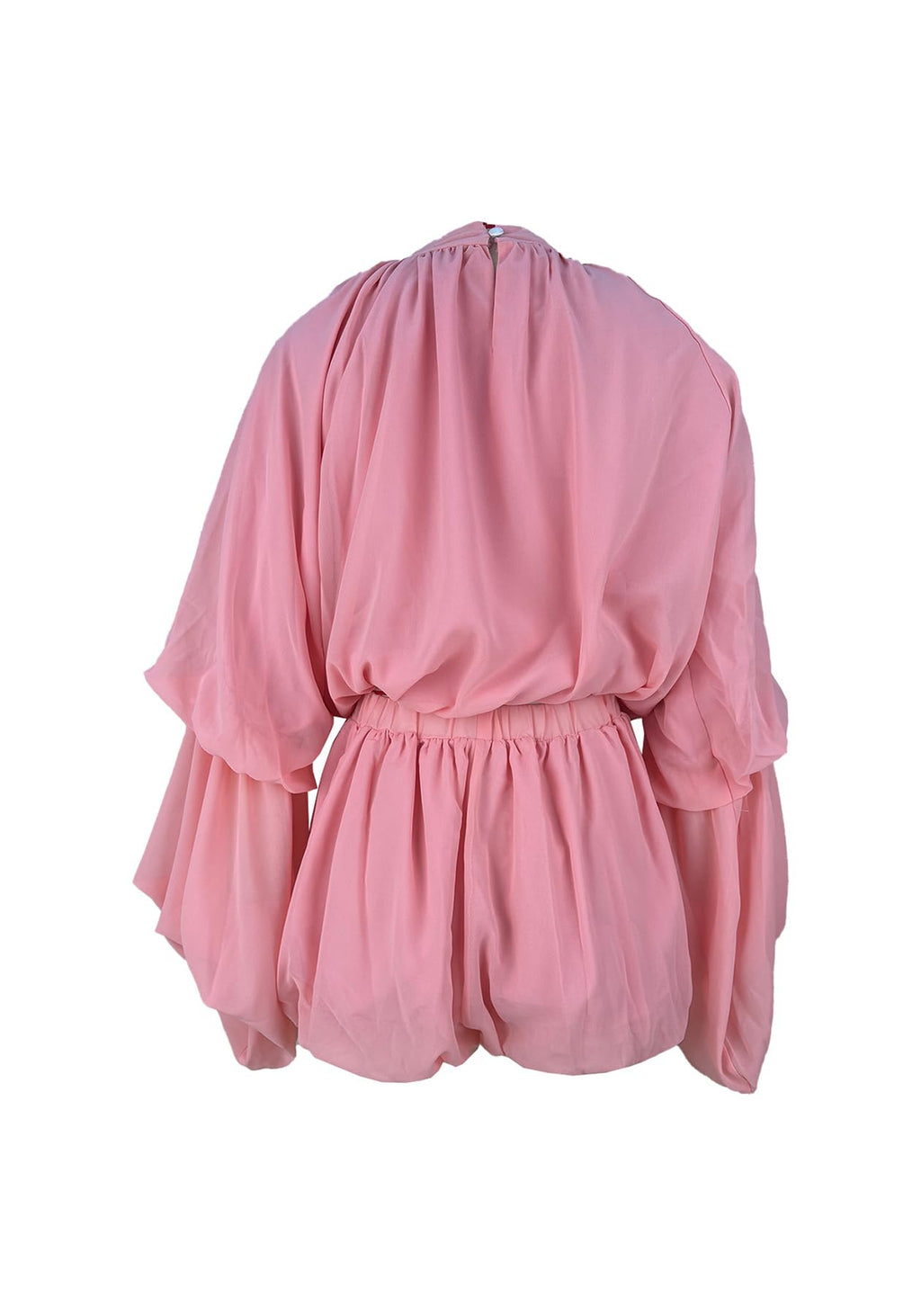 LETSVDO Shorts Sets Women 2 Piece Outfits Mock Neck Bell Sleeve Chiffon Top Blouse Pleated Ruffle Bubble Short Set Romper