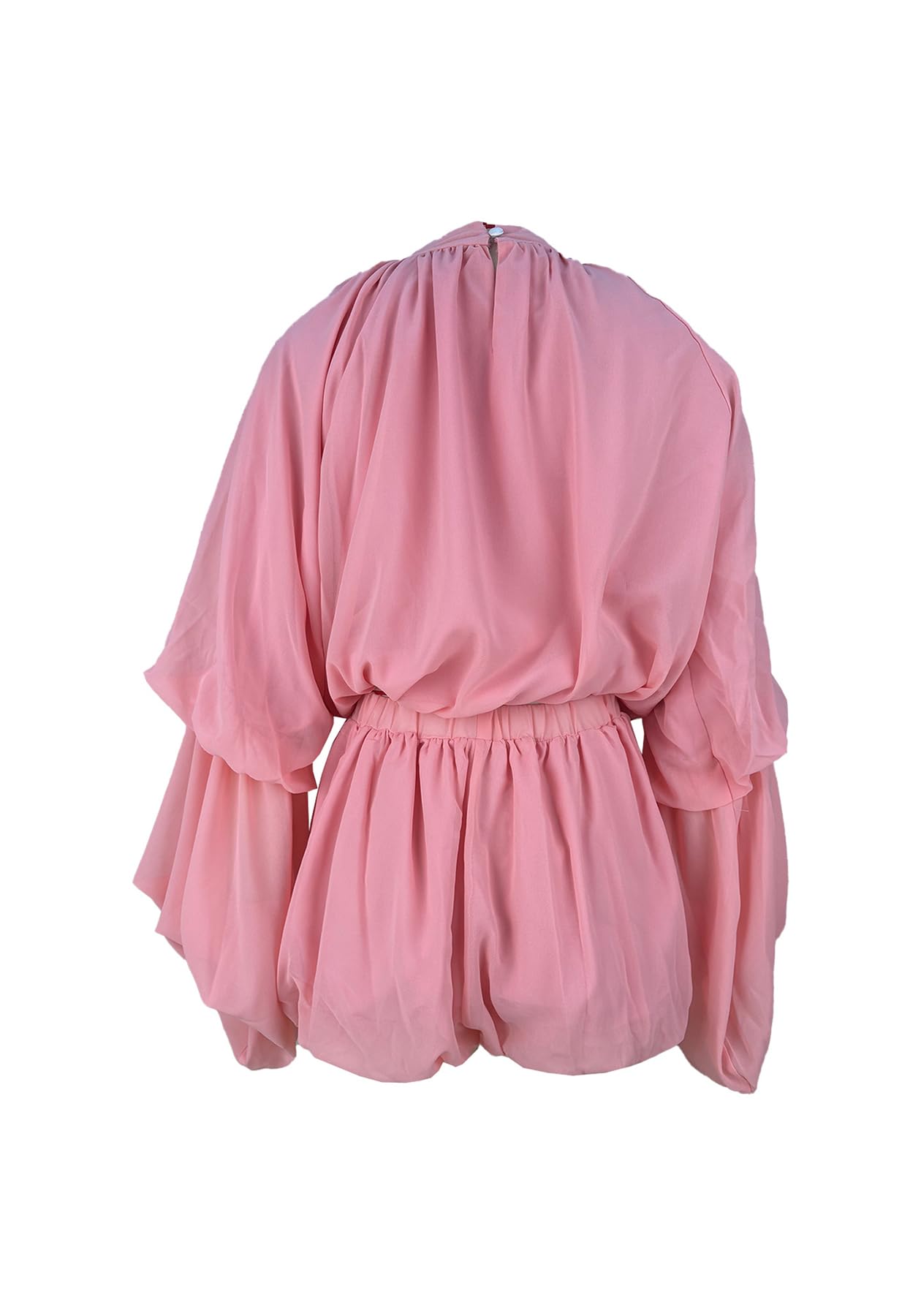 LETSVDO Shorts Sets Women 2 Piece Outfits Mock Neck Bell Sleeve Chiffon Top Blouse Pleated Ruffle Bubble Short Set Romper