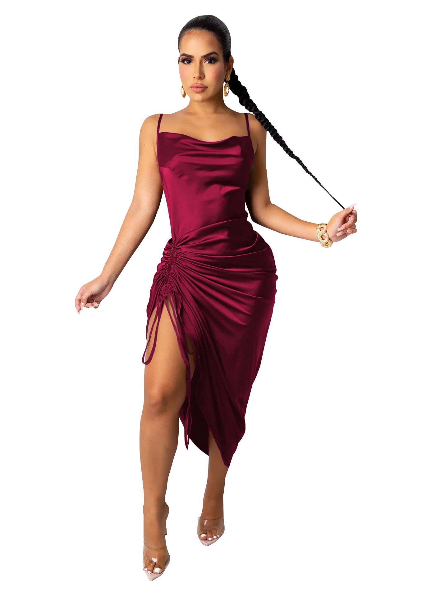 Women's Spaghetti Strap Satin Dress Sexy Backless Drawstring Ruched Split Hem Cocktail Evening Party