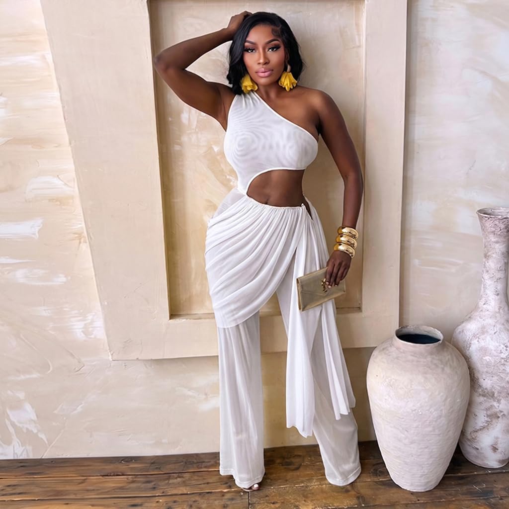 Sexy Jumpsuits for Women Cutout Sheer Mesh One Shoulder Draped Ruched Wrap One Piece Club Outfits for Women