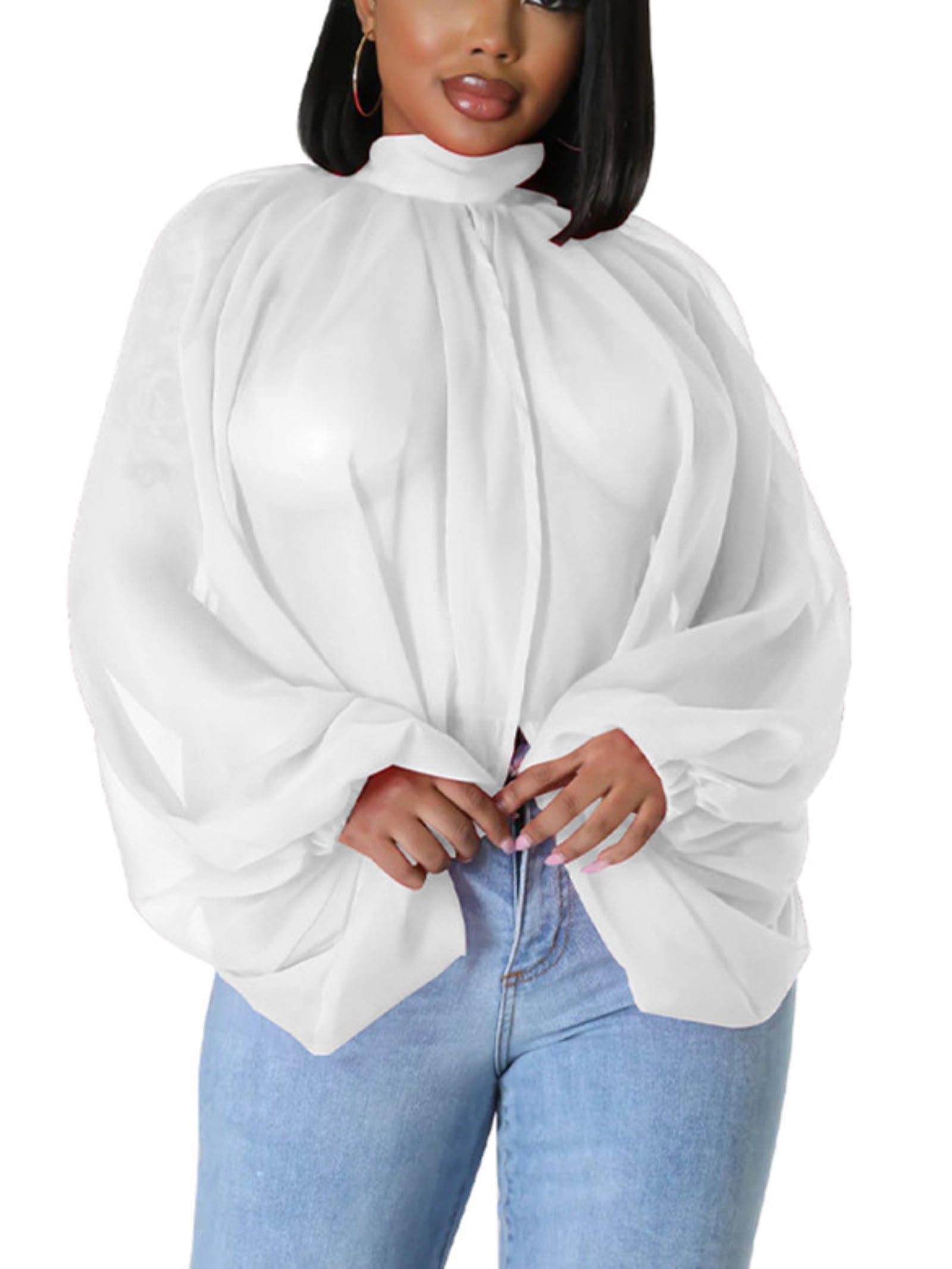 Sexy Tops for Women Party Club Night Batwing Sleeve Chiffon Blouse | Floral Print Blouse Shirts,Puff Sleeve,Going out Tops,Front Open Style,Lantern Sleeve Boho Chiffon Fall Tops 2026
