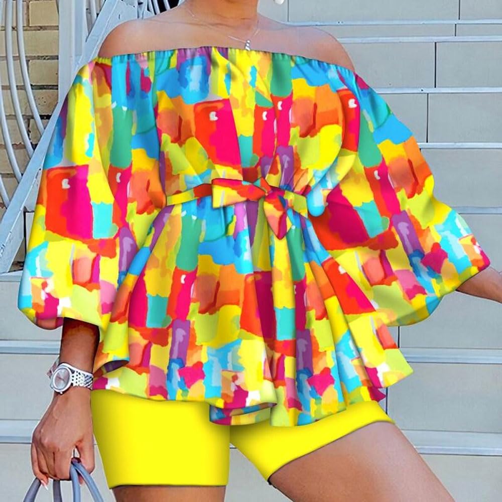 2 Piece Outfits for Women Sexy Off Shoulder Long Sleeve Plus Size Tops High Waisted Bodycon Shorts Set