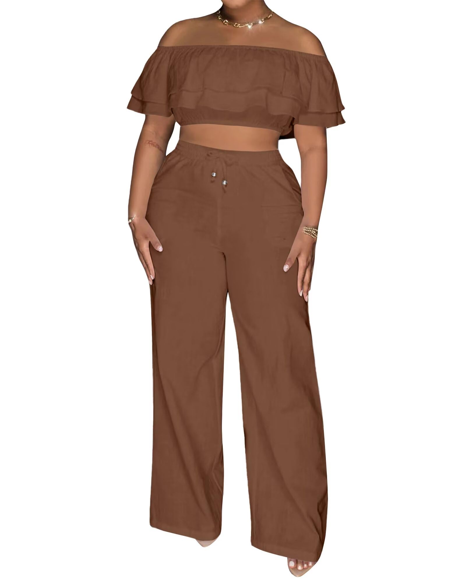 Adogirl 2 Piece Outfits for Women Ruffle Trim Crop Top Wide Leg Pants Set | 2 Piece Sets, Outfit for Women, Off Shoulder, Short Sleeve, Wide Leg Pants with Pockets, Sexy Outfits, Vacation Outfits