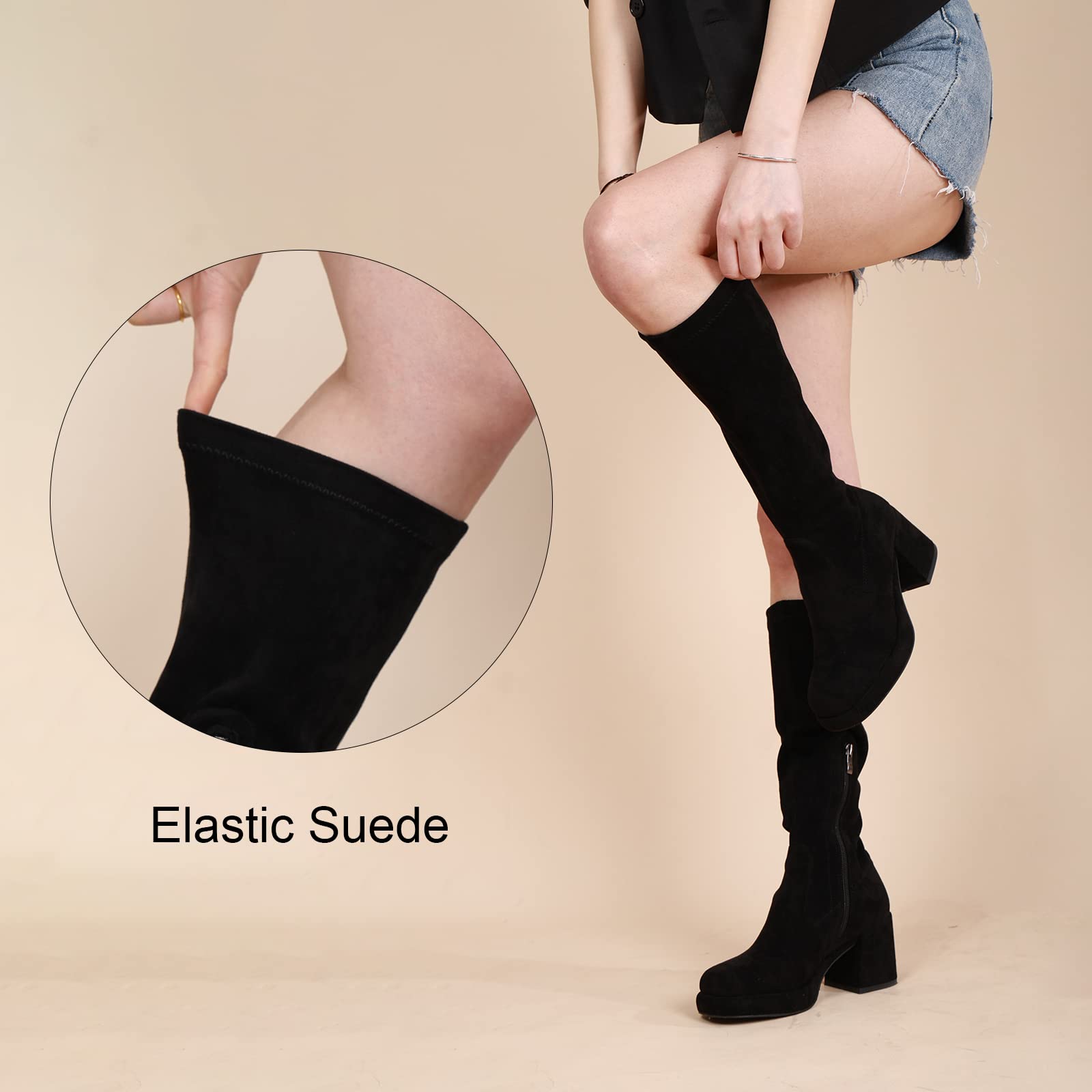 LanreyTaley Elastic Women Knee High Boots Platform Chunky Heel Tall Boots Suede Dress Boots Side Zipper Stretch Boots Fall