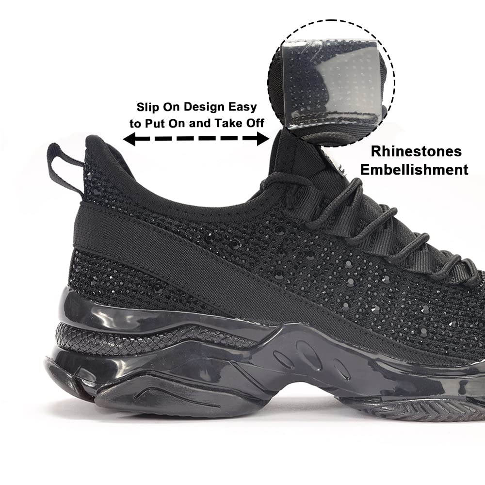 BELOS Women Rhinestone Mesh Slip On Walking Shoes | Fashion Breathable Spakle Glitter Sneaker