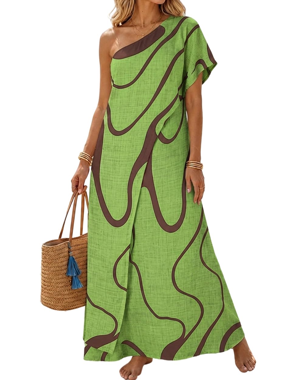 CHICME Maxi Dresses for Women Abstract Print Summer Dress | Womens Summer Dresses, One Shoulder Boho Dress with Pockets, Faux 2 Piece Casual Dresses, Vacation, Beach Dress Wedding Guest