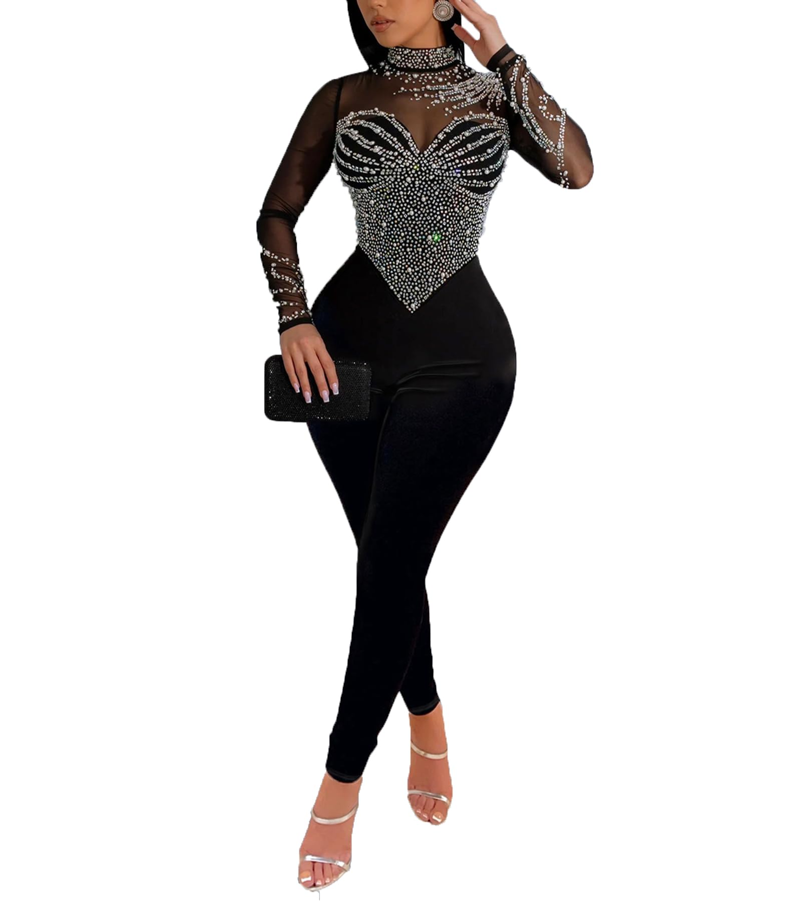 Nagfar Women Sexy Elegant Rhinestone Mesh See Through Bodycon Jumpsuits