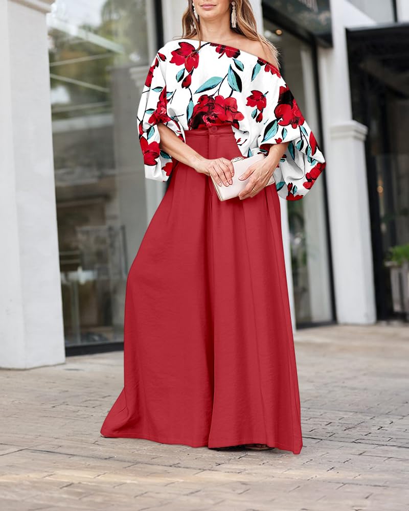 CHICME Women 2 Piece Summer Outfit Off Shoulder Flowy Wide Leg Pants Set | Off Shoulder, Lantern Sleeve Matching Set, 2 Piece Sets for Women Dressy, Vacation Travel Airport Outfits
