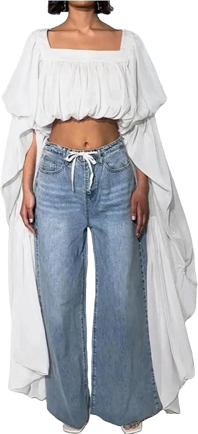 YOOTIKO Women Flowy Chiffon Crop Blouses Ruffle Long Bell Sleeve Tops | Trendy Square Neck Going Out Shirts,Elegant Evening Party Wear