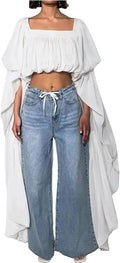 YOOTIKO Women Flowy Chiffon Crop Blouses Ruffle Long Bell Sleeve Tops | Trendy Square Neck Going Out Shirts,Elegant Evening Party Wear