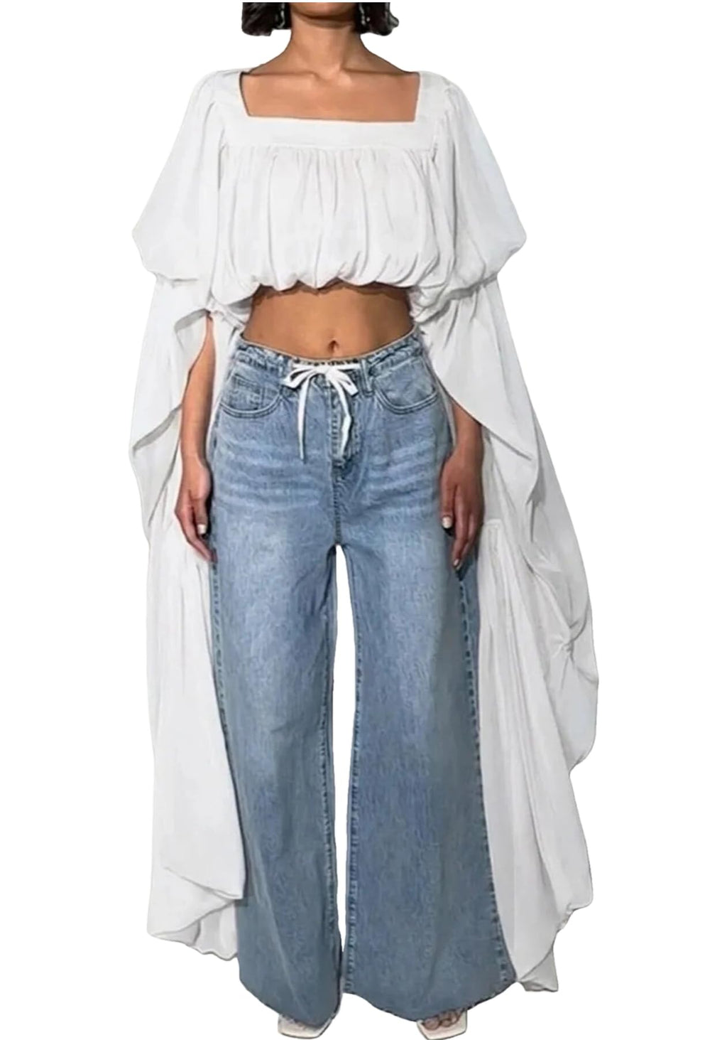 YOOTIKO Women Flowy Chiffon Crop Blouses Ruffle Long Bell Sleeve Tops | Trendy Square Neck Going Out Shirts,Elegant Evening Party Wear