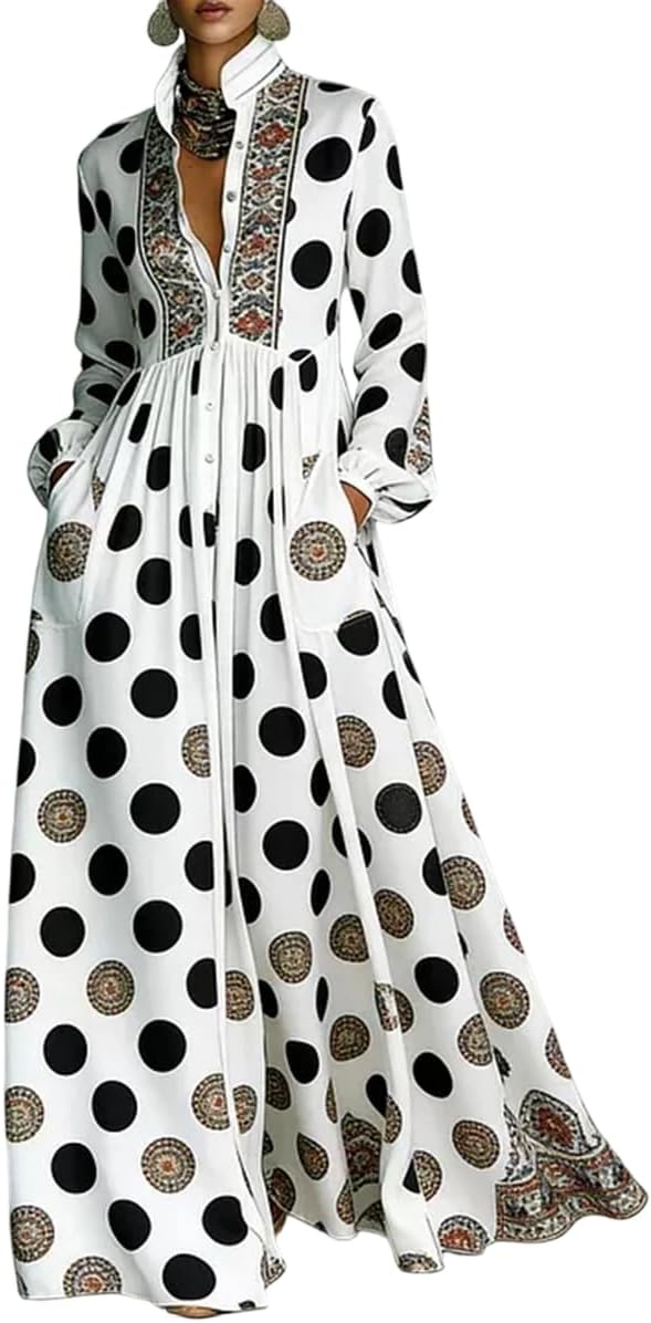 Women's Maxi Shirt Dresses Long Sleeve Button Down Dress with Pockets | Black and White Polka Dot Dress with Stand Collar Button Down Ethnic Trim Boho A-Line Flowy Casual Beach Vacation Dresses