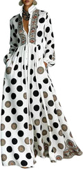 Women's Maxi Shirt Dresses Long Sleeve Button Down Dress with Pockets | Black and White Polka Dot Dress with Stand Collar Button Down Ethnic Trim Boho A-Line Flowy Casual Beach Vacation Dresses