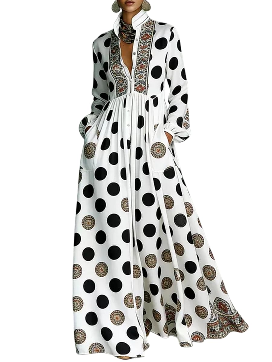 Women's Maxi Shirt Dresses Long Sleeve Button Down Dress with Pockets | Black and White Polka Dot Dress with Stand Collar Button Down Ethnic Trim Boho A-Line Flowy Casual Beach Vacation Dresses