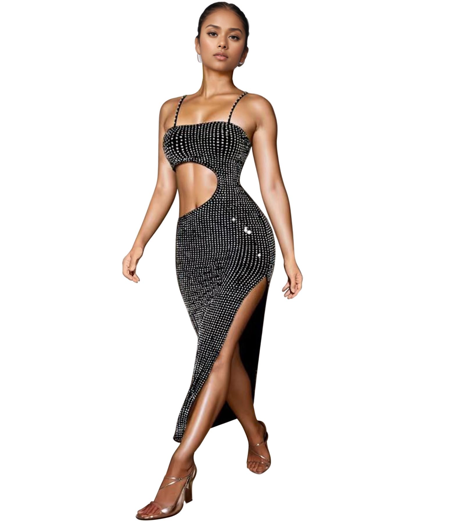 PORRCEY Women's Sexy Rhinestone Mesh See Through Party Night Prom Dress