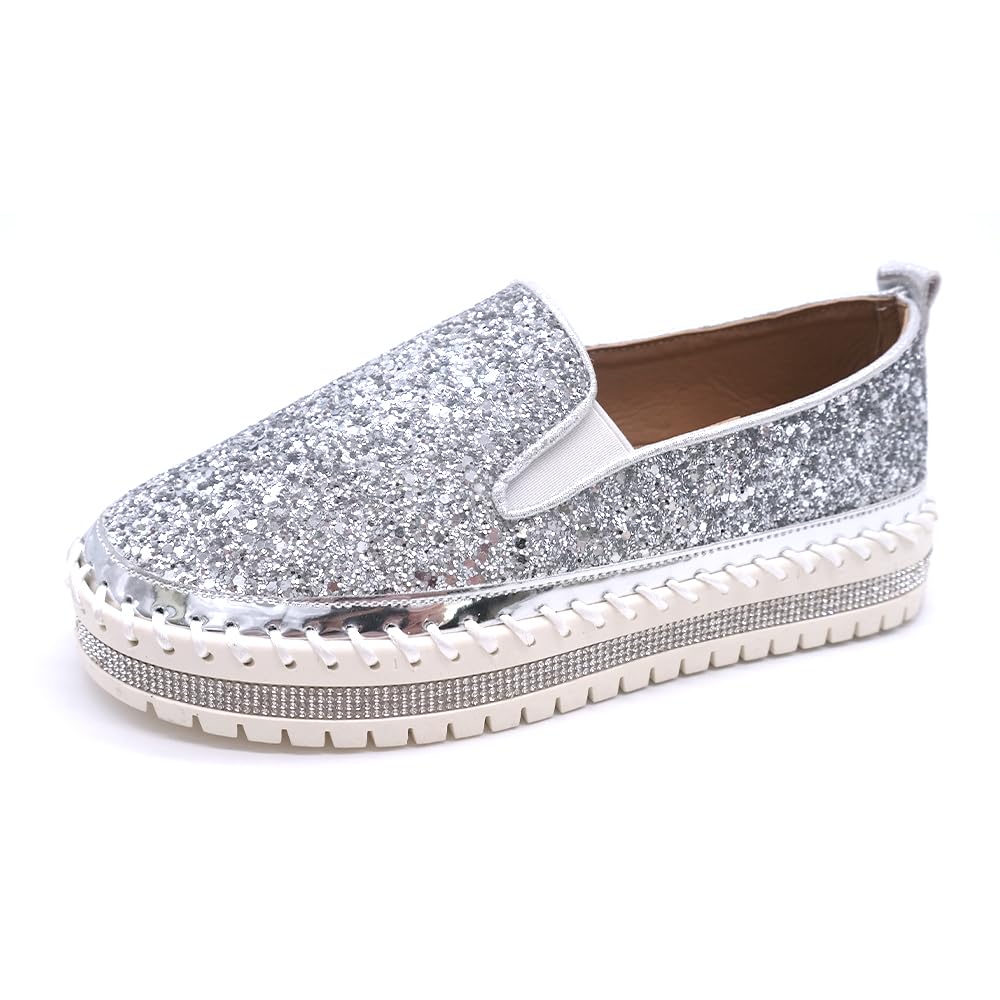 Women's Platform Rhinestones Glitter Fashion Sneakers Comfortable Slip On Flat Loafers Walking Wedding Dress Shoes Casual Shoes